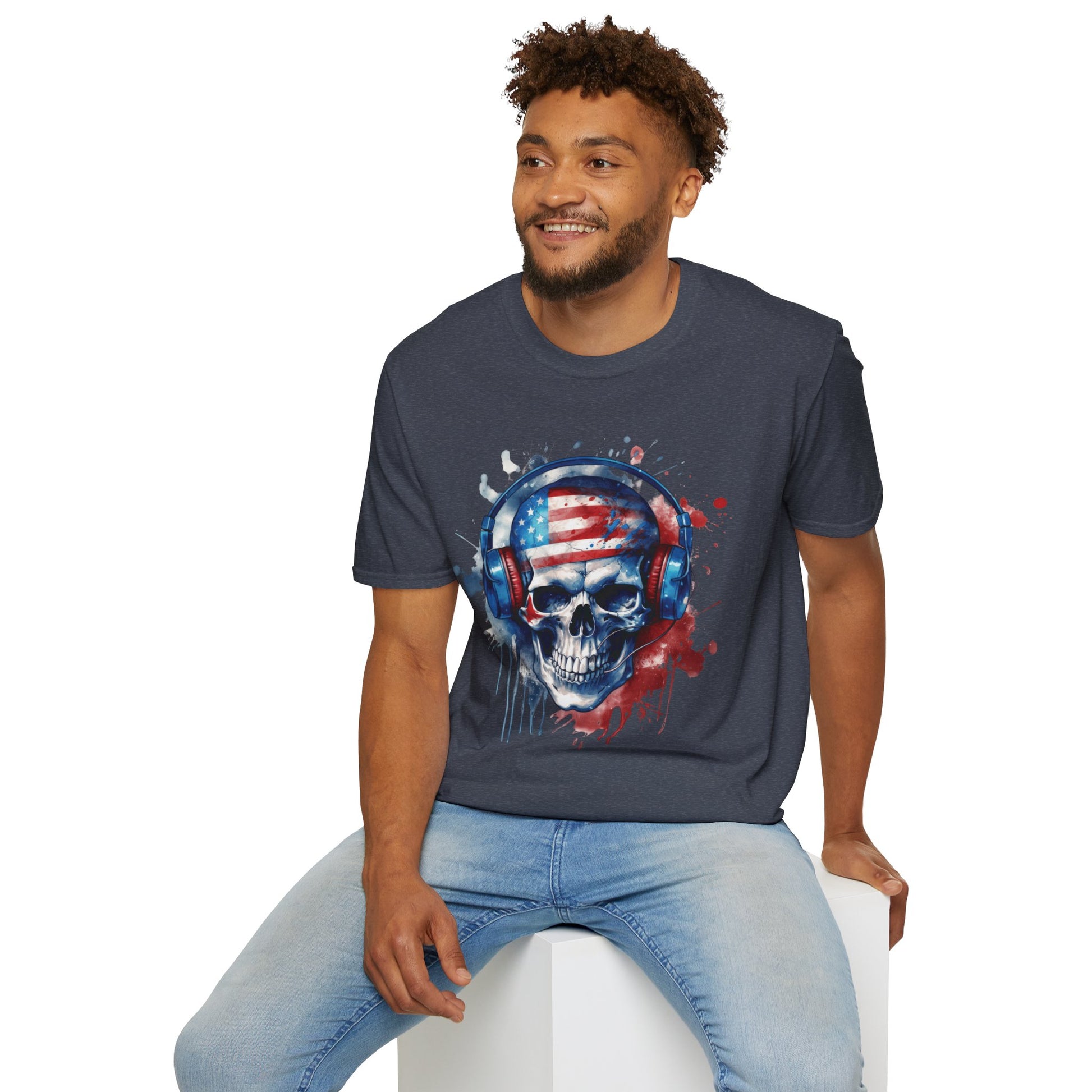Patriotic Skull Headphones - Unisex Softstyle T-Shirt - OCDandApparel