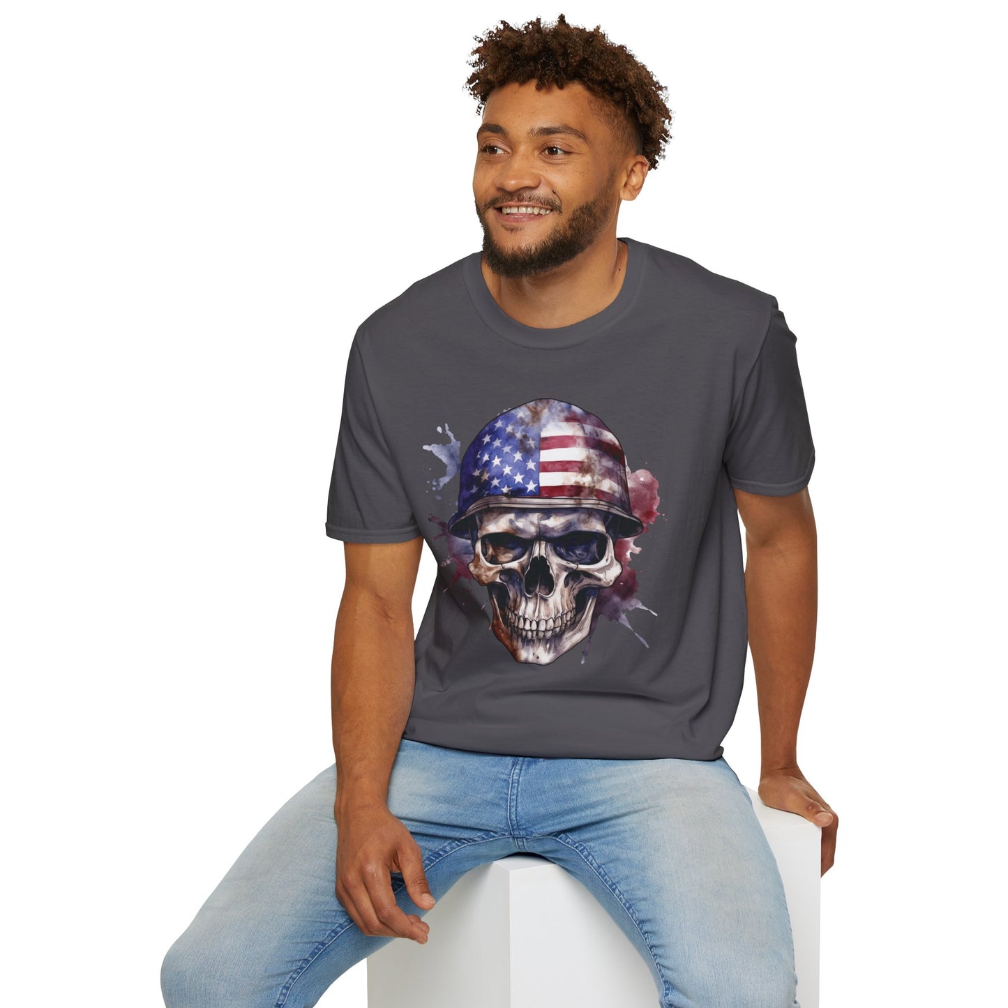 Patriotic Skull in Helmet - Unisex Softstyle T-Shirt - OCDandApparel