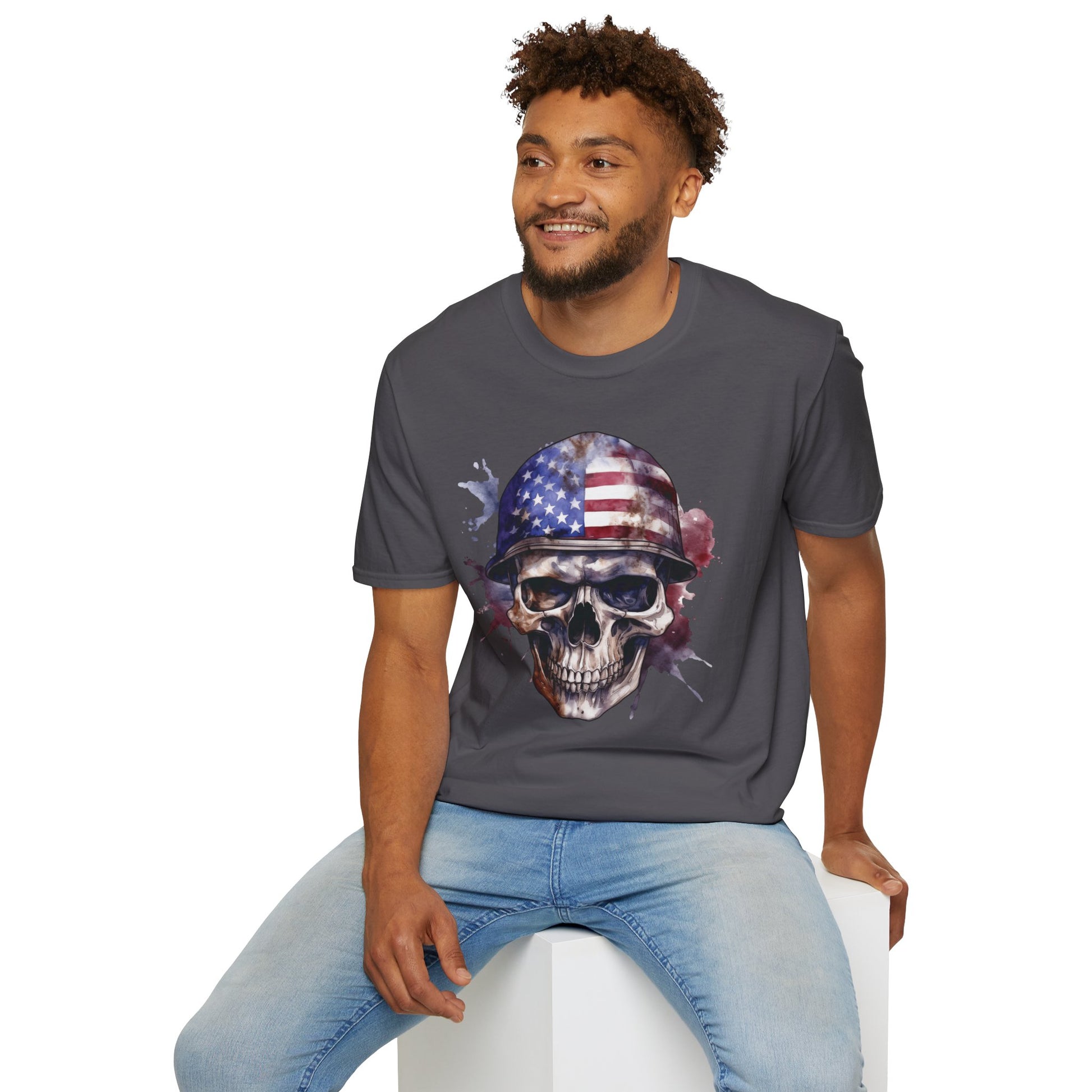 Patriotic Skull in Helmet - Unisex Softstyle T-Shirt - OCDandApparel