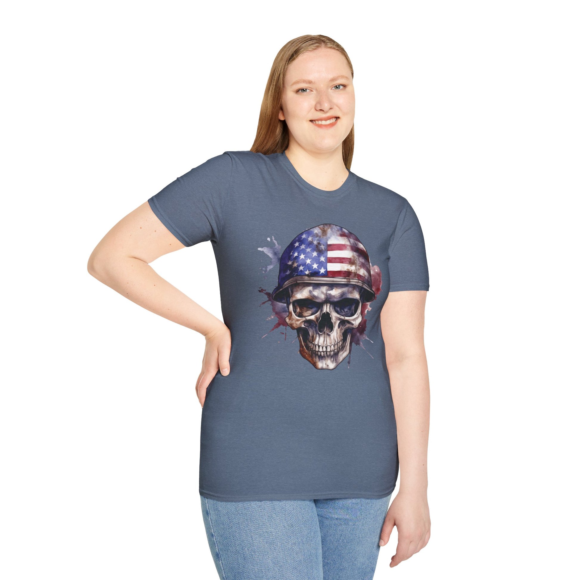 Patriotic Skull in Helmet - Unisex Softstyle T-Shirt - OCDandApparel