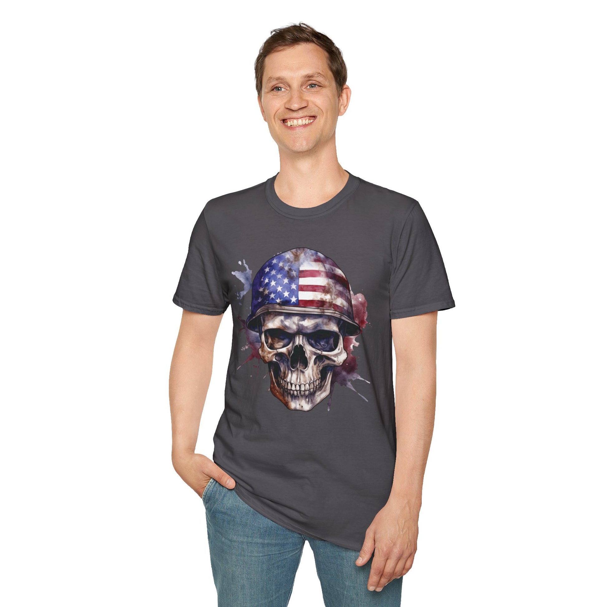 Patriotic Skull in Helmet - Unisex Softstyle T-Shirt - OCDandApparel