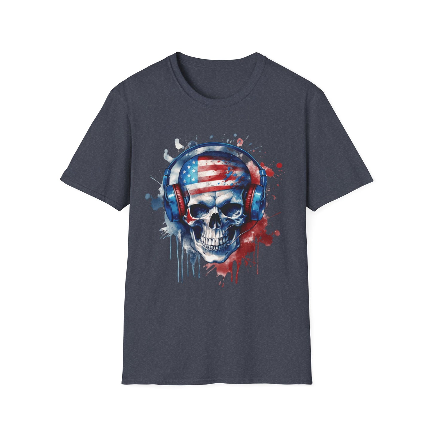 Patriotic Skull Headphones - Unisex Softstyle T-Shirt - OCDandApparel