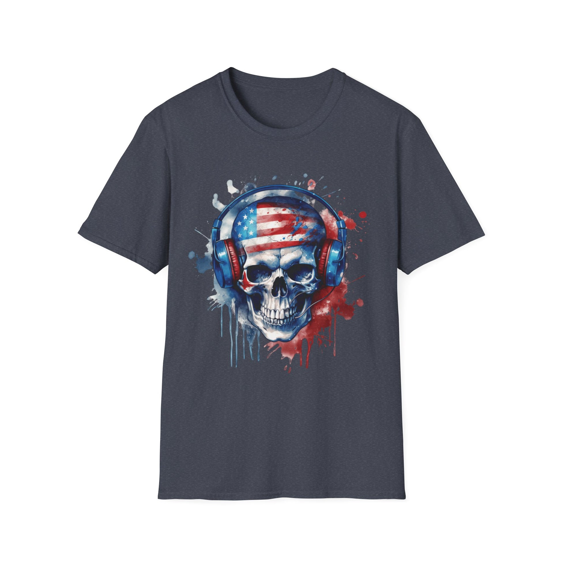 Patriotic Skull Headphones - Unisex Softstyle T-Shirt - OCDandApparel
