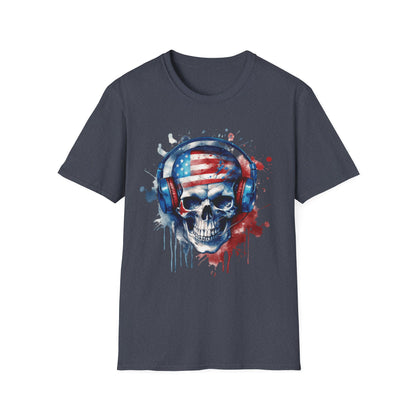 Patriotic Skull Headphones - Unisex Softstyle T-Shirt - OCDandApparel