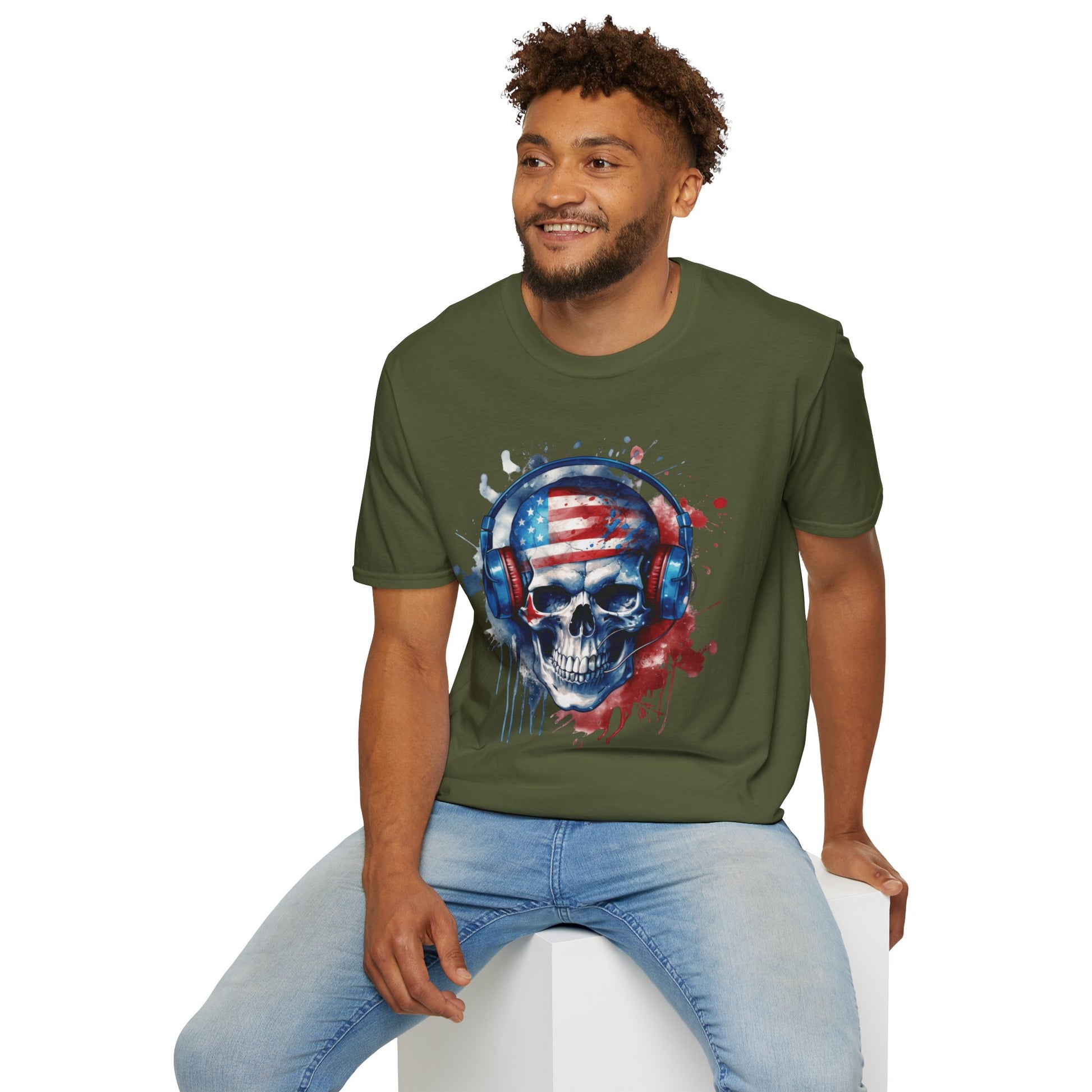 Patriotic Skull Headphones - Unisex Softstyle T-Shirt - OCDandApparel