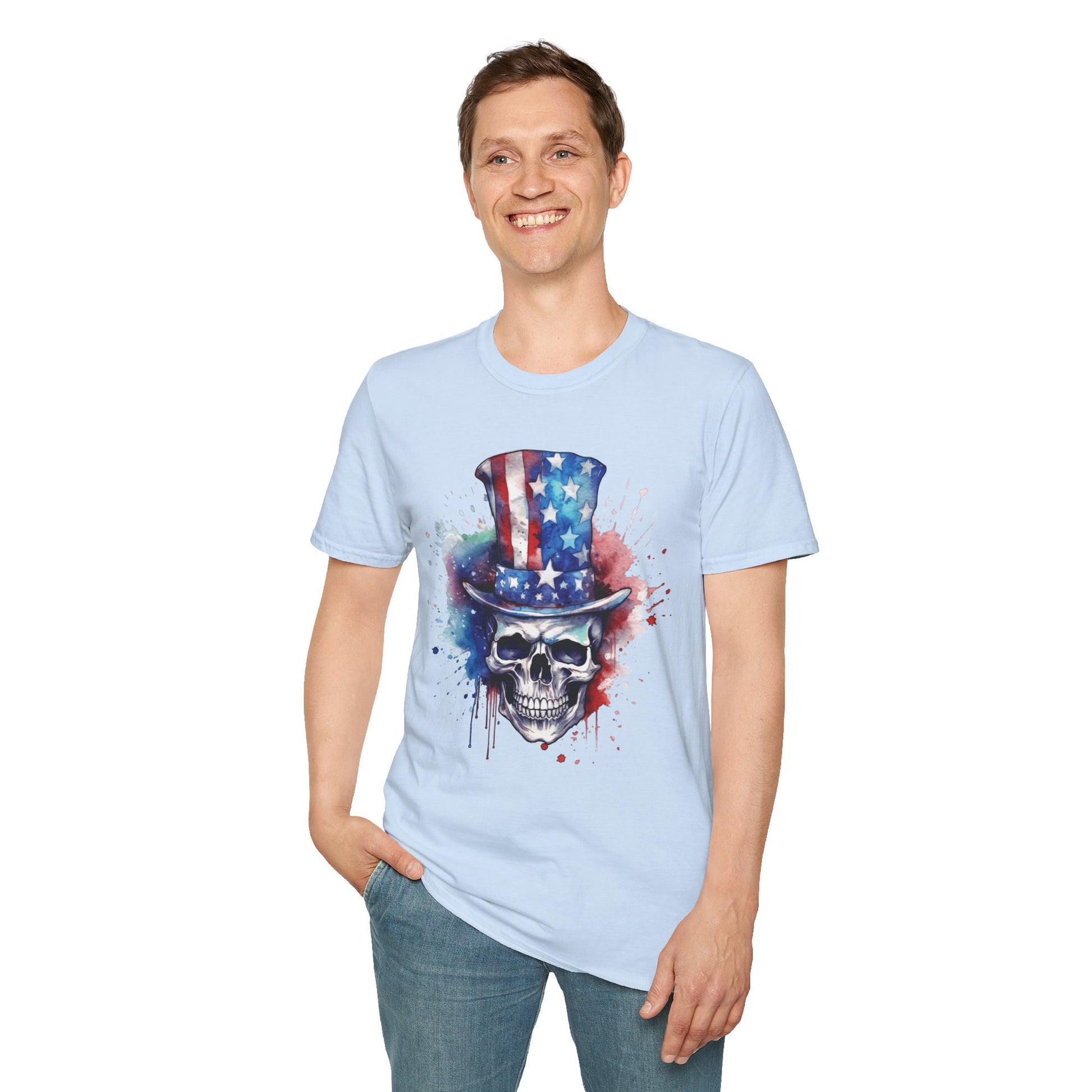 Patriotic Skull Top Hat - Unisex Softstyle T-Shirt - OCDandApparel