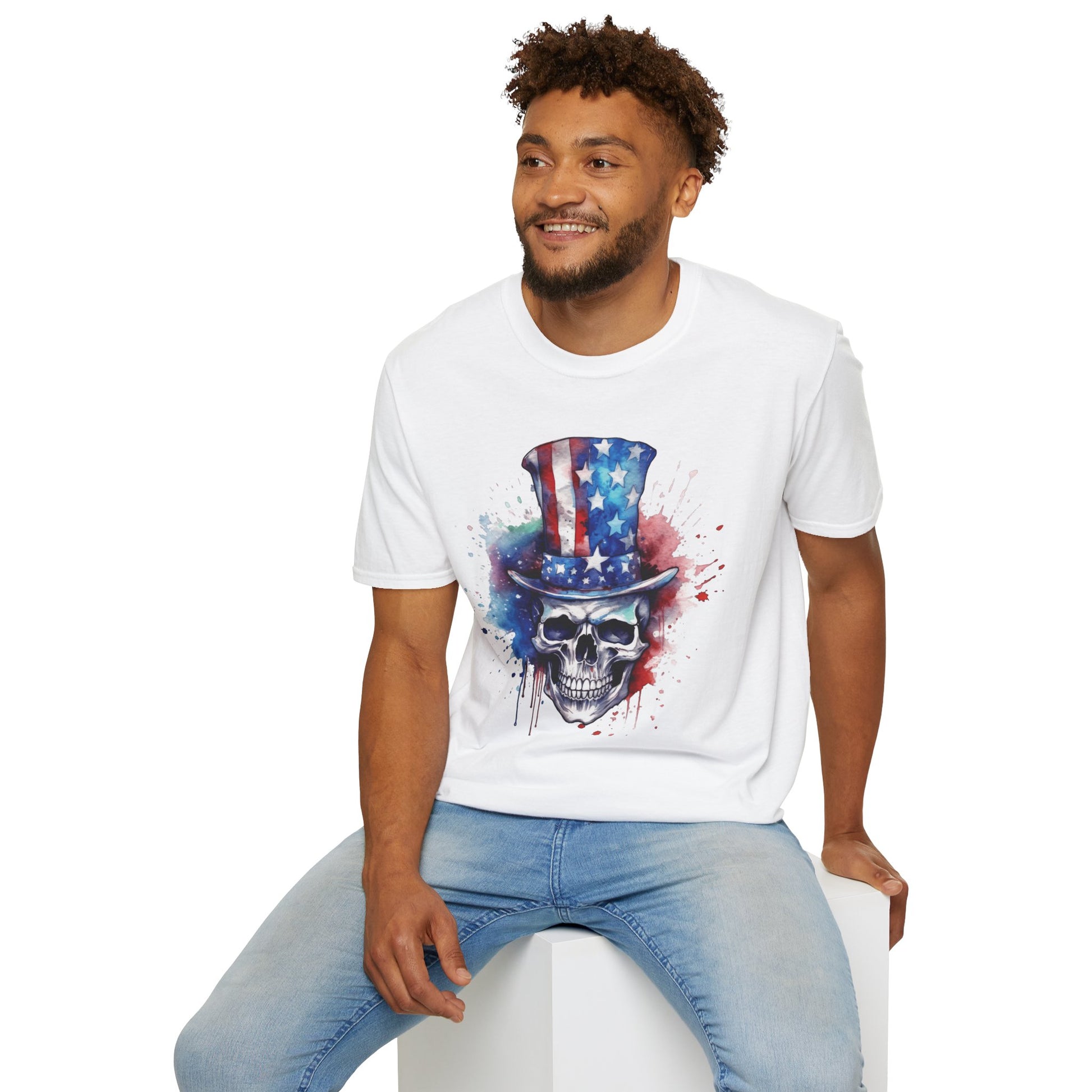 Patriotic Skull Top Hat - Unisex Softstyle T-Shirt - OCDandApparel