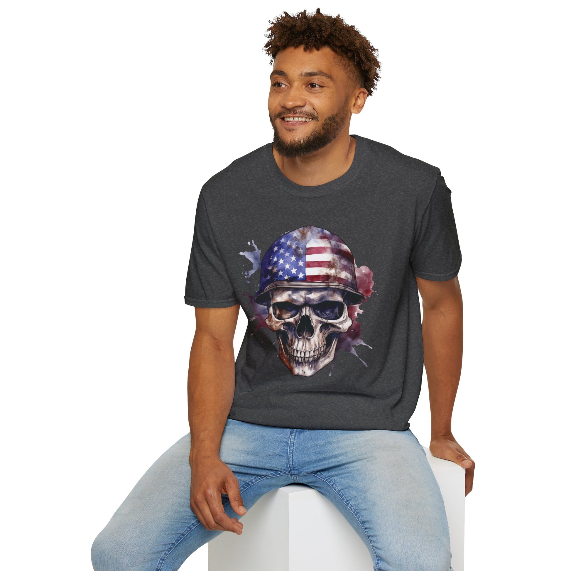 Patriotic Skull in Helmet - Unisex Softstyle T-Shirt - OCDandApparel