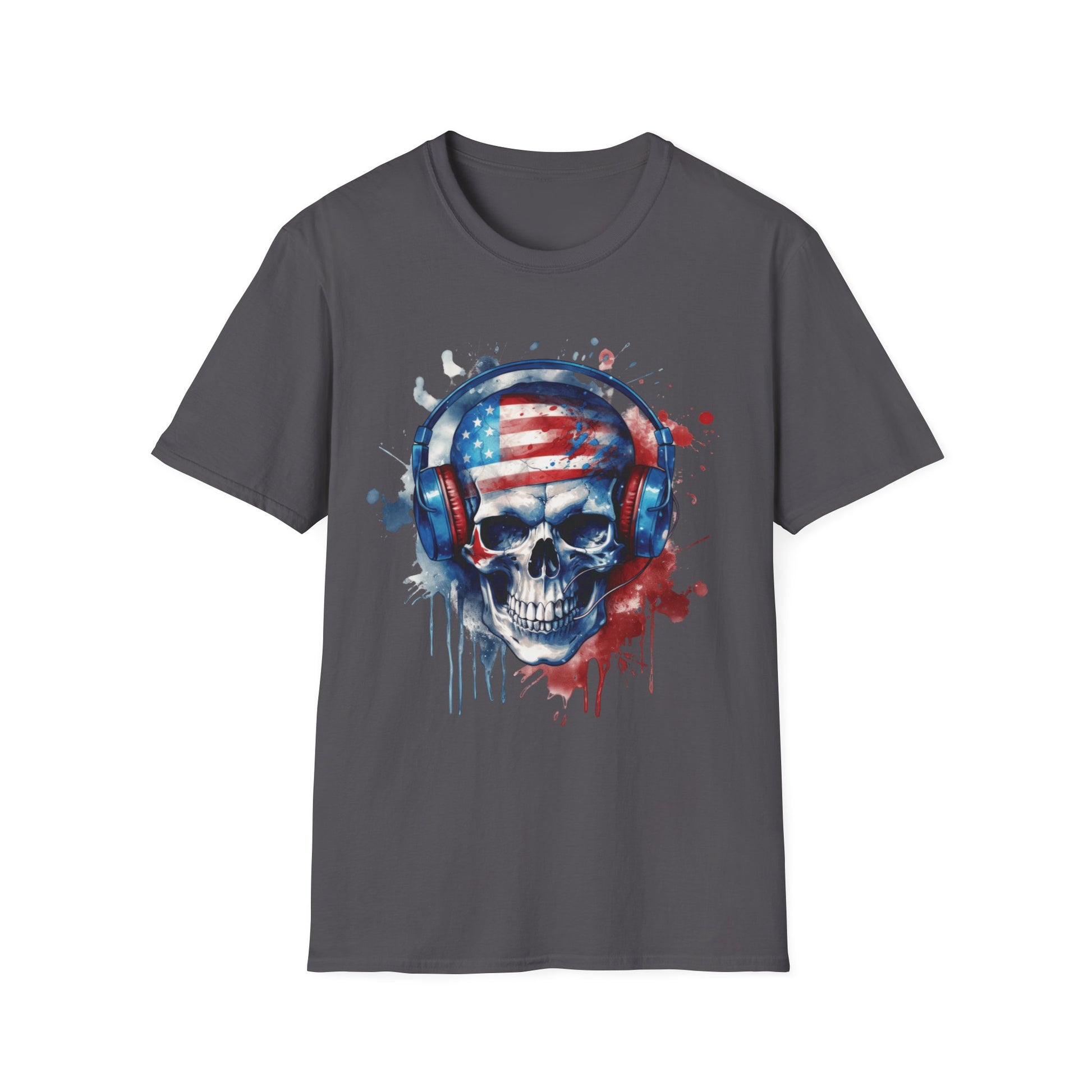 Patriotic Skull Headphones - Unisex Softstyle T-Shirt - OCDandApparel