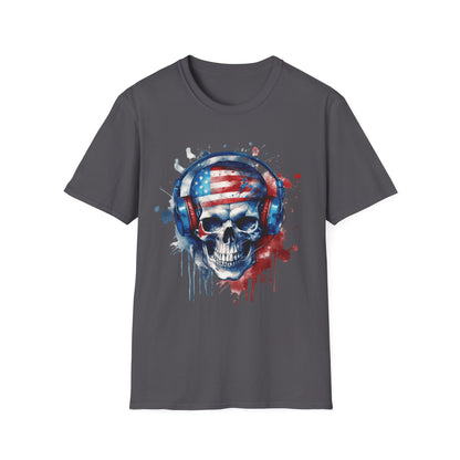 Patriotic Skull Headphones - Unisex Softstyle T-Shirt - OCDandApparel