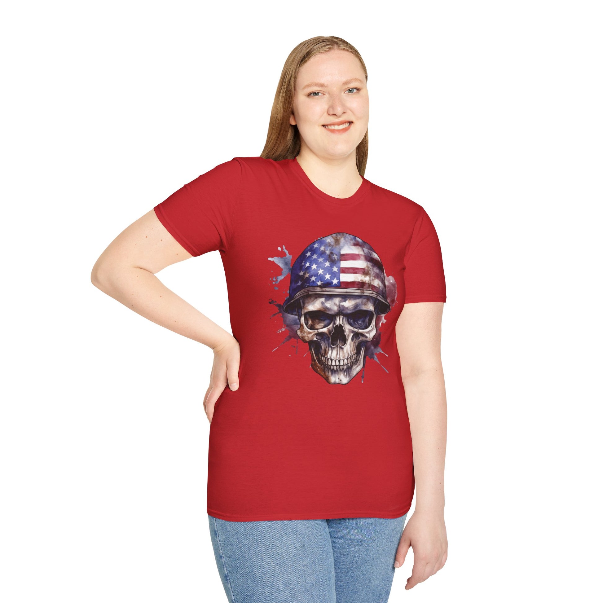 Patriotic Skull in Helmet - Unisex Softstyle T-Shirt - OCDandApparel