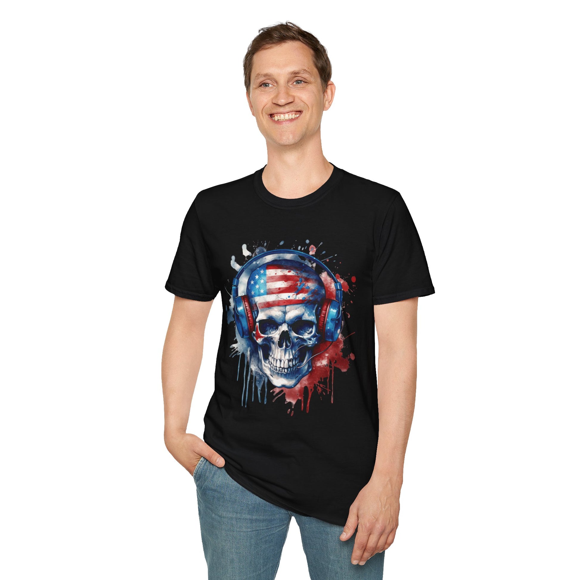 Patriotic Skull Headphones - Unisex Softstyle T-Shirt - OCDandApparel