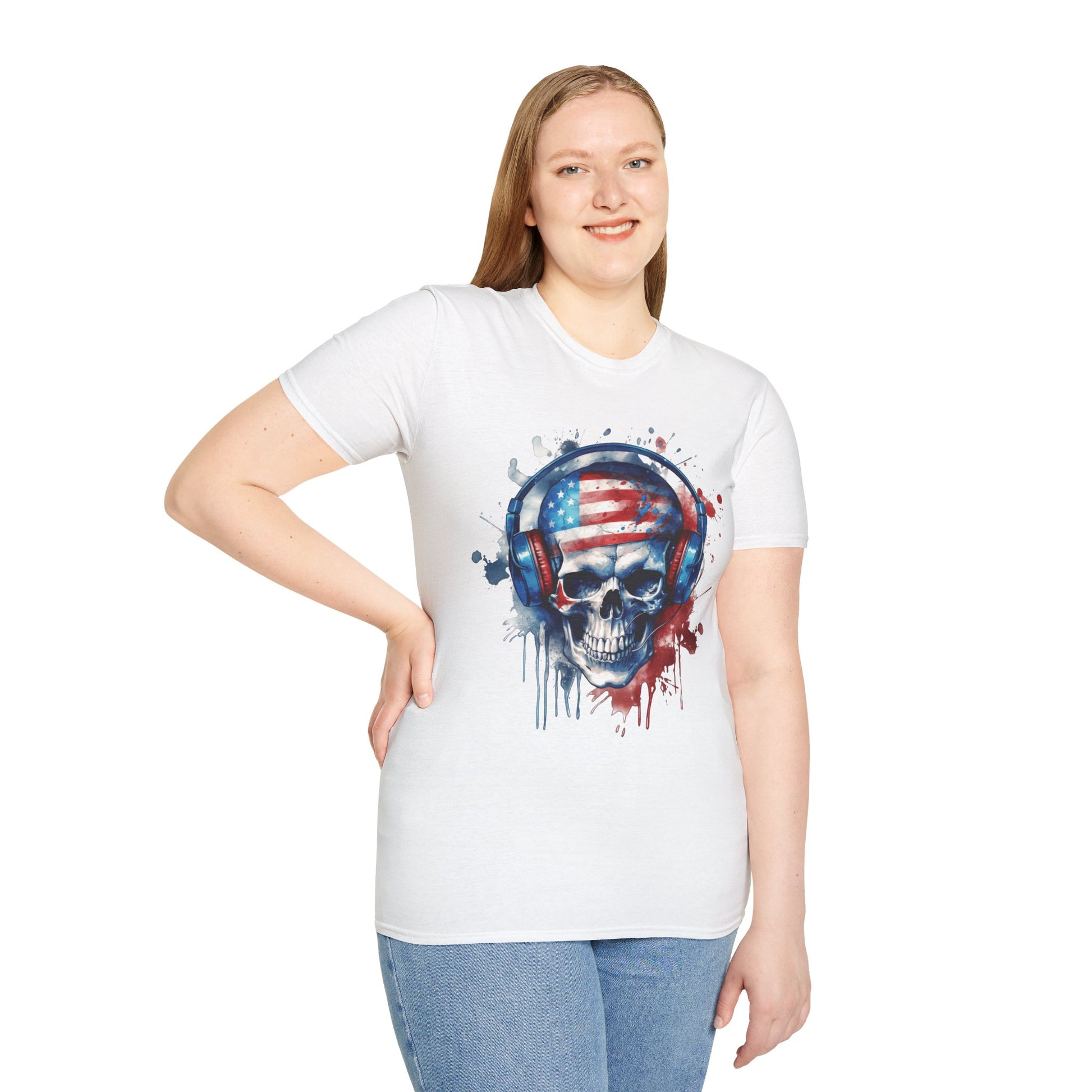 Patriotic Skull Headphones - Unisex Softstyle T-Shirt - OCDandApparel