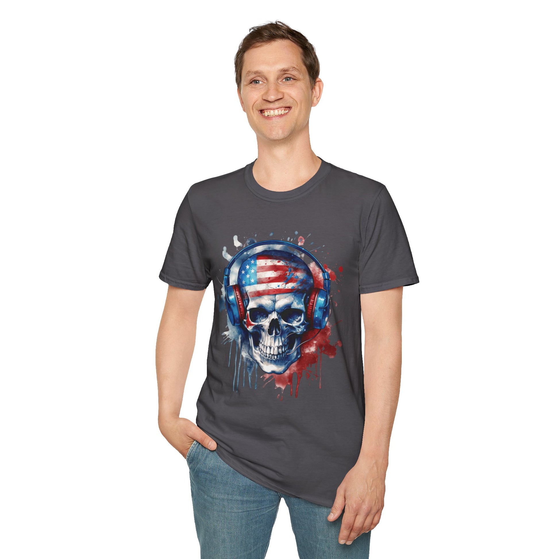 Patriotic Skull Headphones - Unisex Softstyle T-Shirt - OCDandApparel