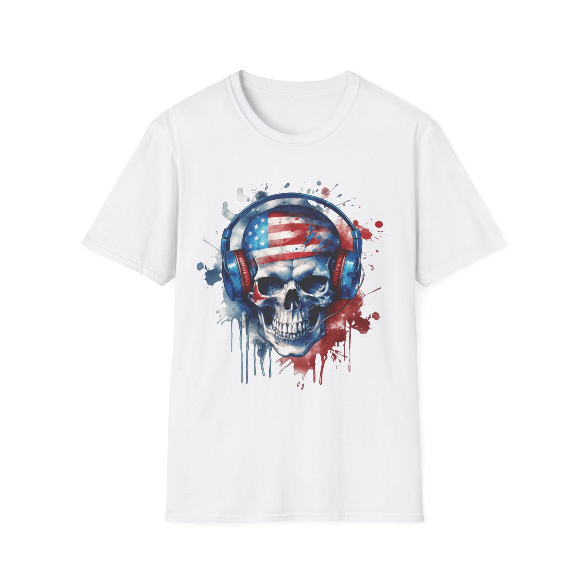 Patriotic Skull Headphones - Unisex Softstyle T-Shirt - OCDandApparel