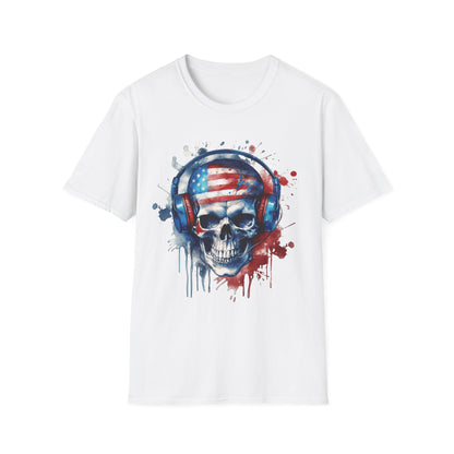 Patriotic Skull Headphones - Unisex Softstyle T-Shirt - OCDandApparel