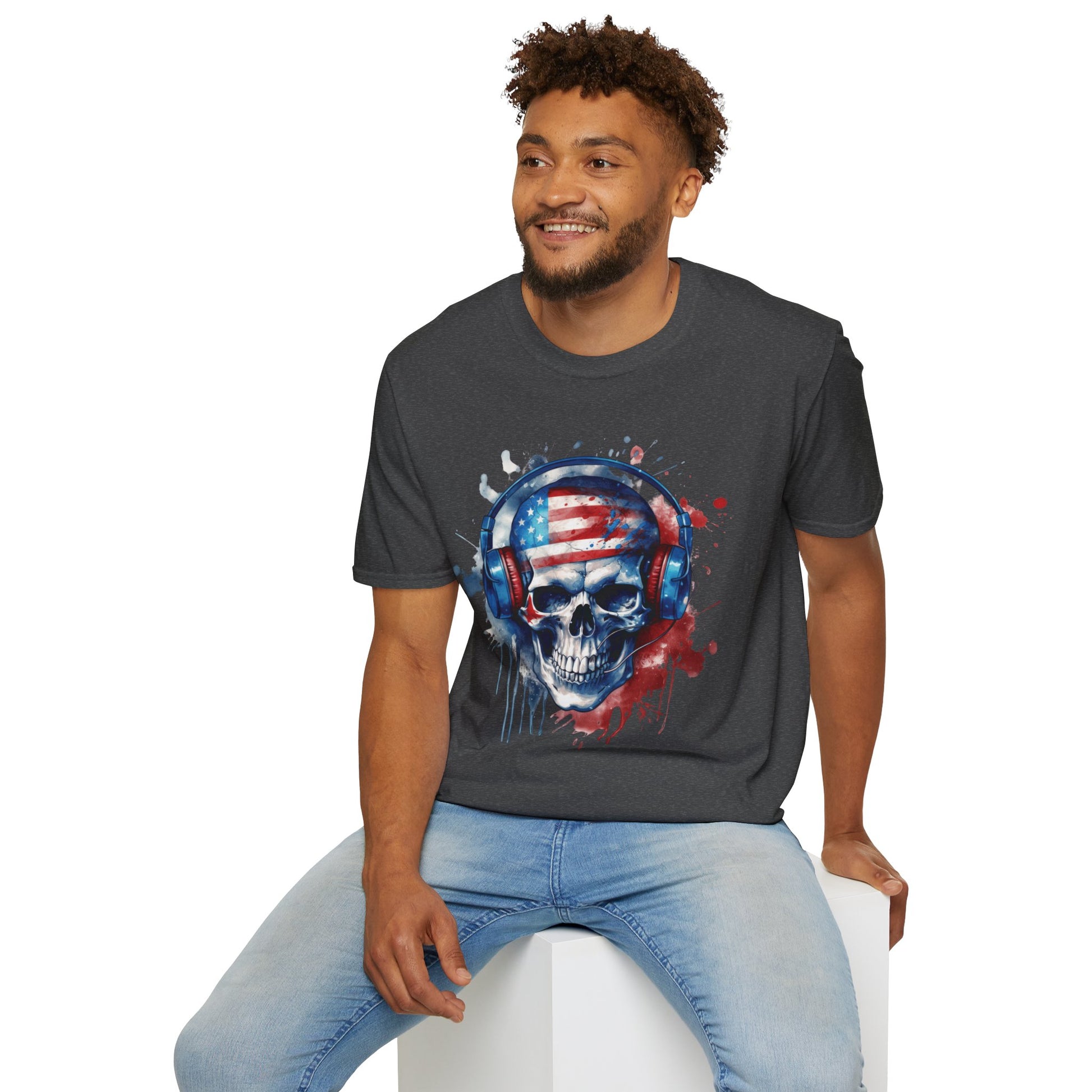 Patriotic Skull Headphones - Unisex Softstyle T-Shirt - OCDandApparel