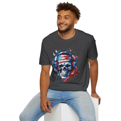 Patriotic Skull Headphones - Unisex Softstyle T-Shirt - OCDandApparel