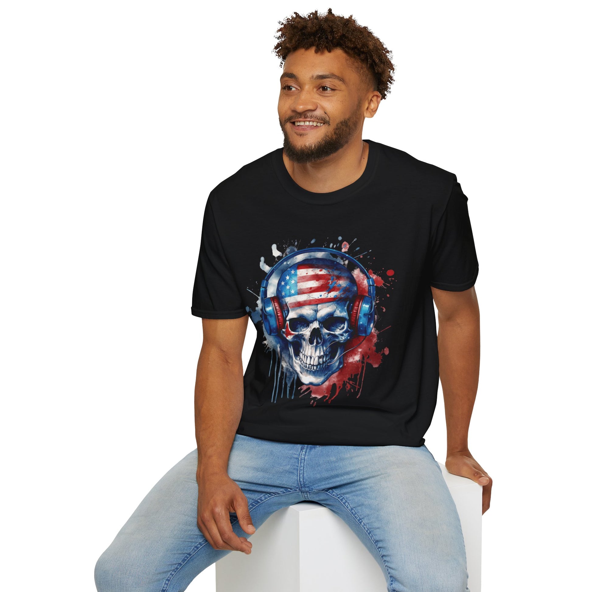 Patriotic Skull Headphones - Unisex Softstyle T-Shirt - OCDandApparel