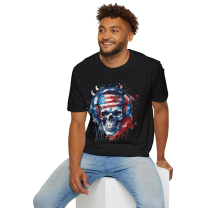 Patriotic Skull Headphones - Unisex Softstyle T-Shirt - OCDandApparel