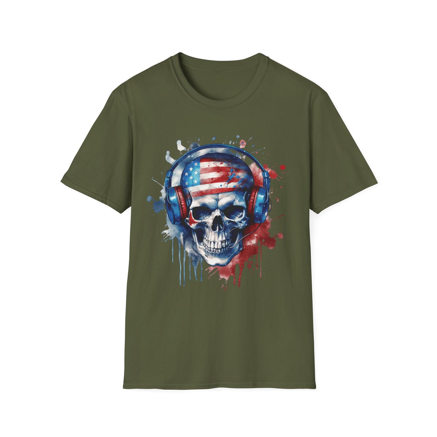 Patriotic Skull Headphones - Unisex Softstyle T-Shirt - OCDandApparel