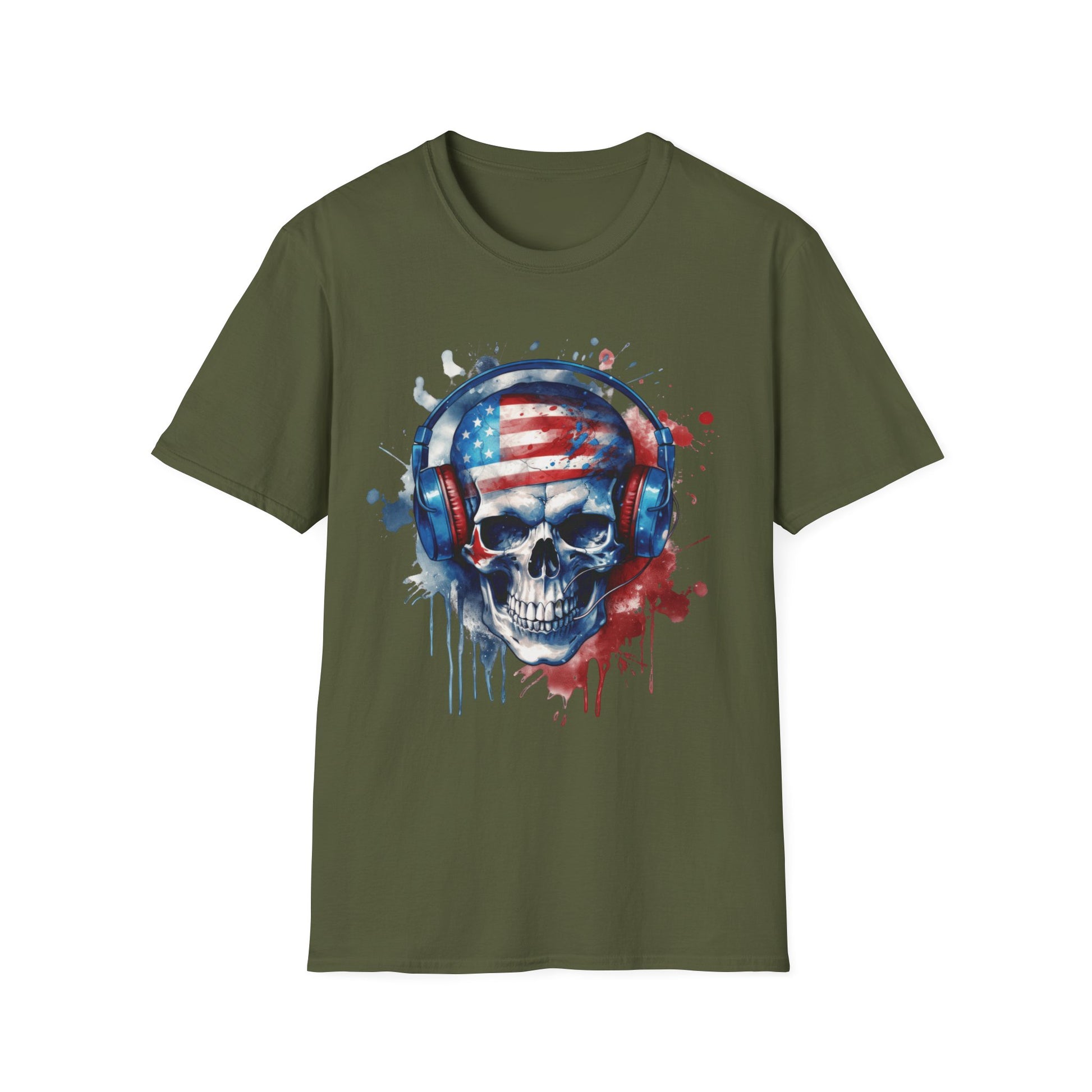 Patriotic Skull Headphones - Unisex Softstyle T-Shirt - OCDandApparel