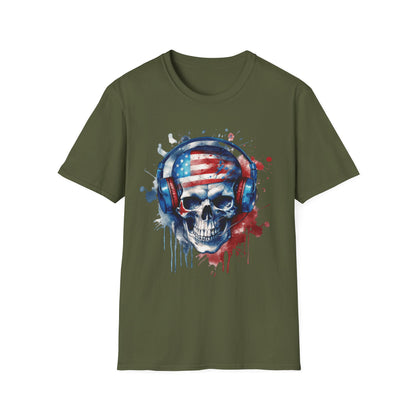 Patriotic Skull Headphones - Unisex Softstyle T-Shirt - OCDandApparel