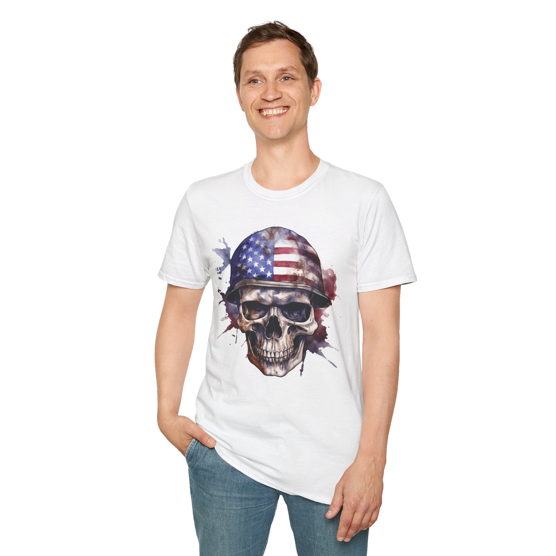 Patriotic Skull in Helmet - Unisex Softstyle T-Shirt - OCDandApparel