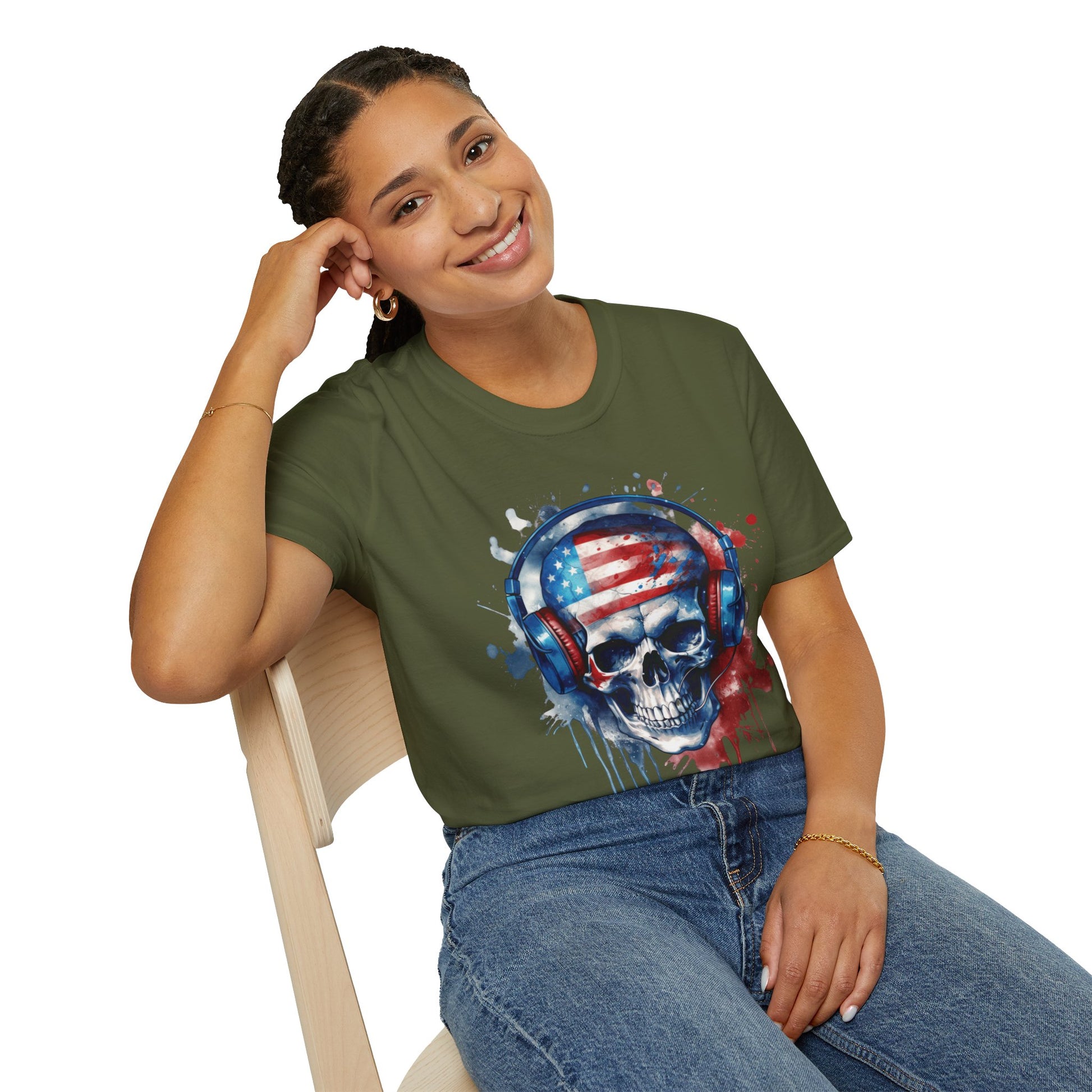 Patriotic Skull Headphones - Unisex Softstyle T-Shirt - OCDandApparel
