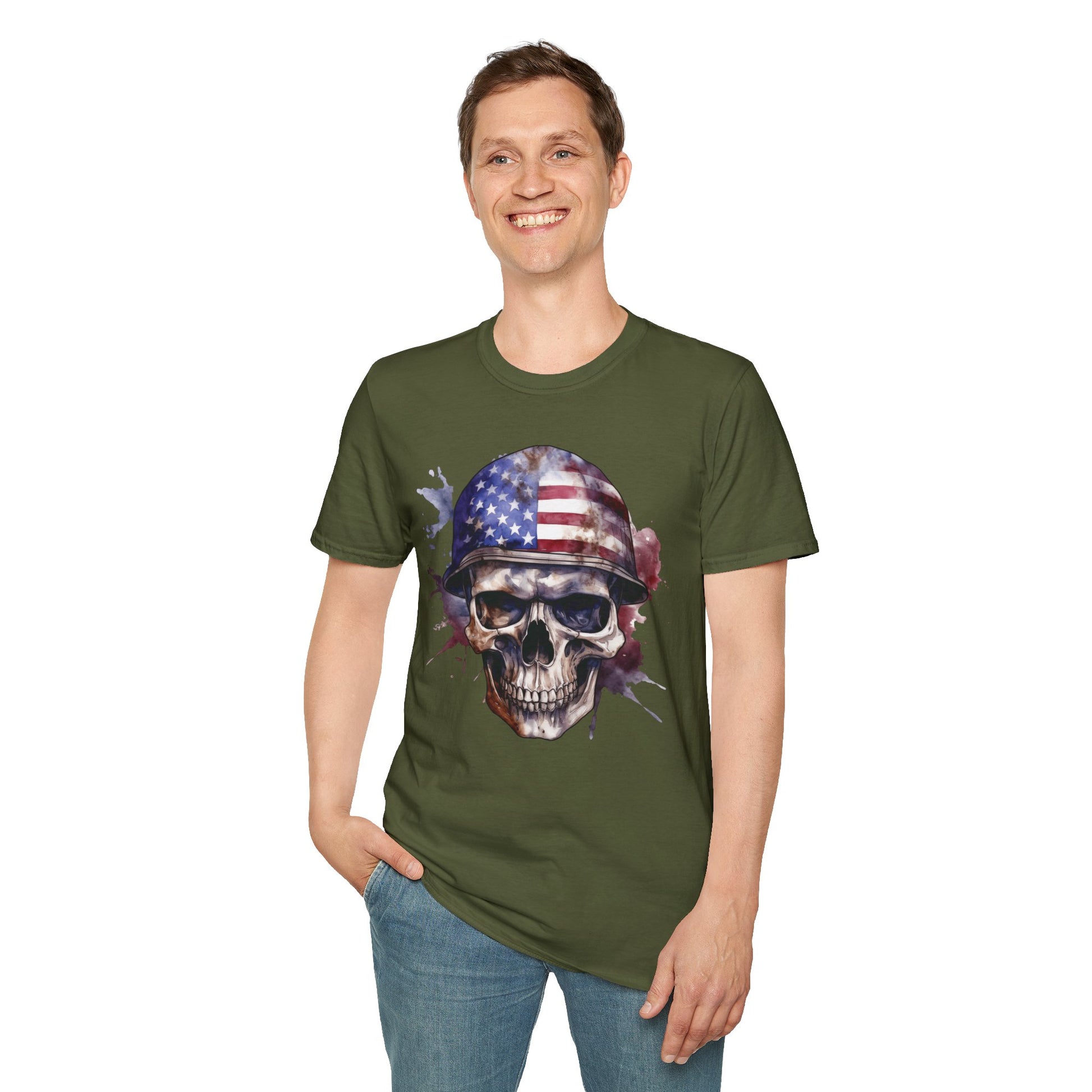 Patriotic Skull in Helmet - Unisex Softstyle T-Shirt - OCDandApparel