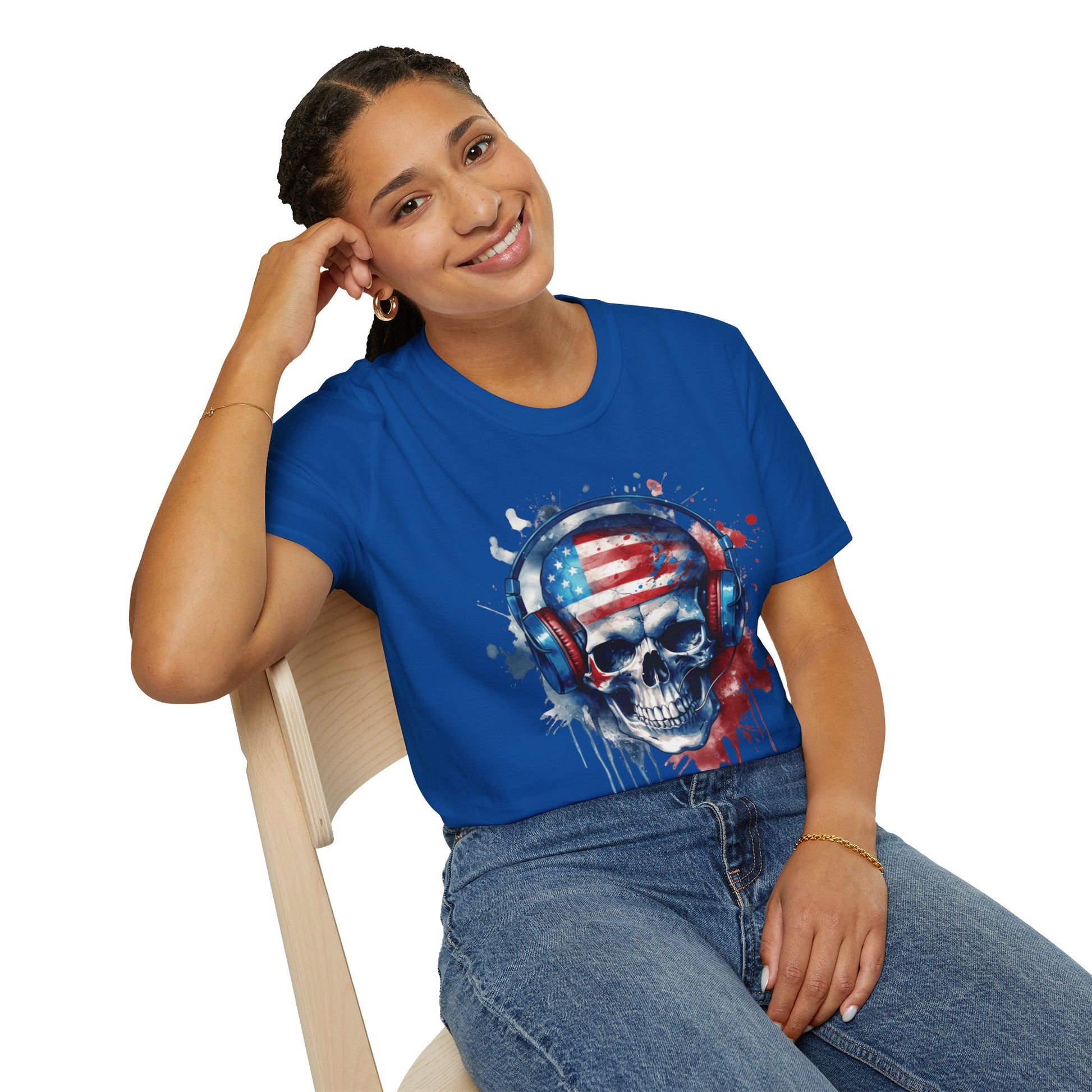 Patriotic Skull Headphones - Unisex Softstyle T-Shirt - OCDandApparel