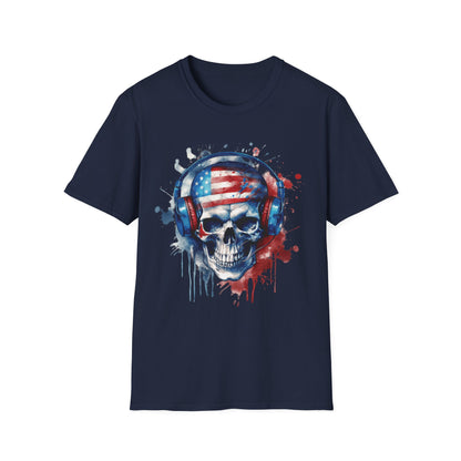 Patriotic Skull Headphones - Unisex Softstyle T-Shirt - OCDandApparel
