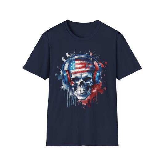 Patriotic Skull Headphones - Unisex Softstyle T-Shirt - OCDandApparel